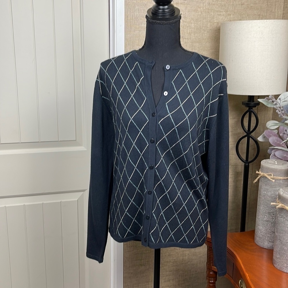 HALEY Reserve Spun Silk Cashmere Argyle Button Down Cardigan Medium Navy